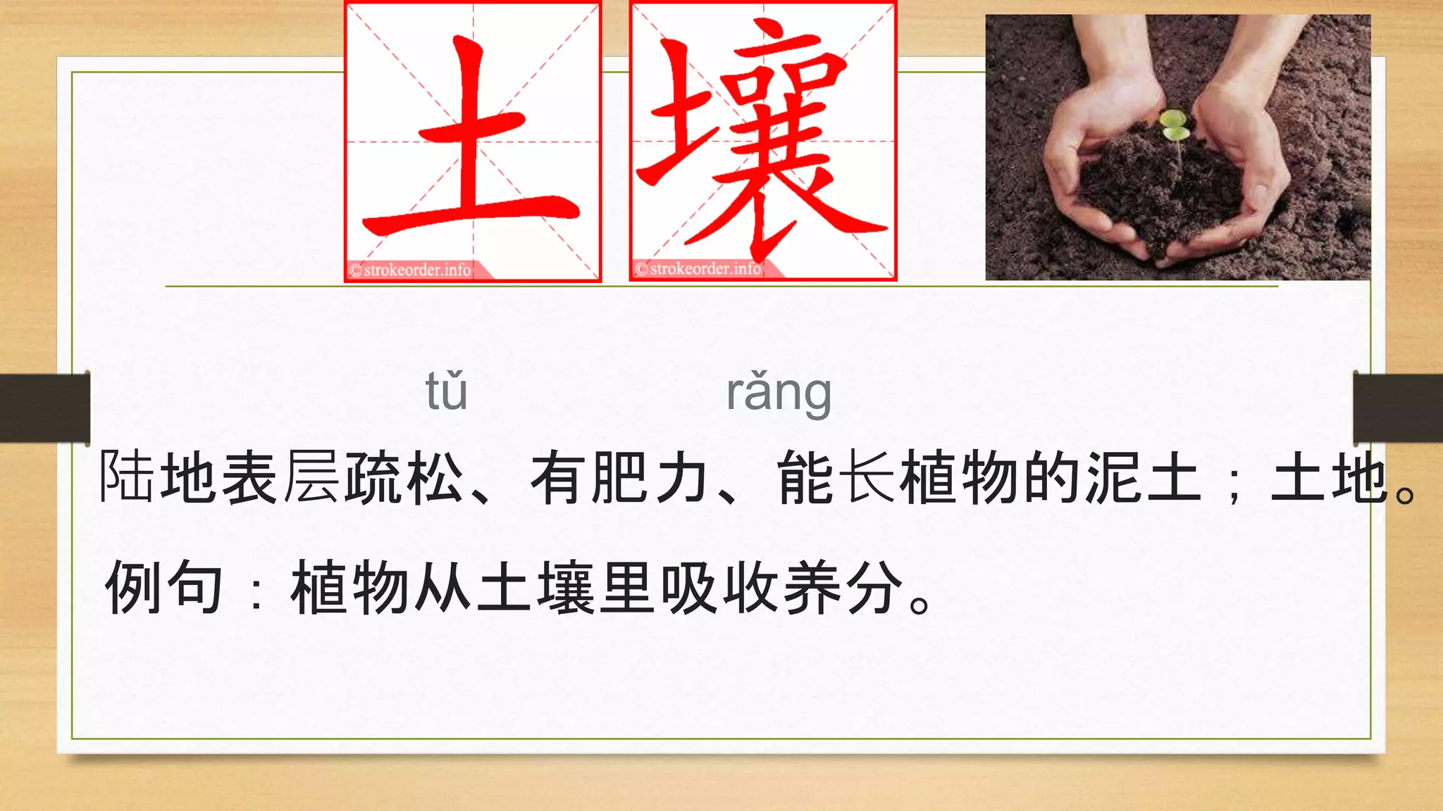 tǔ rǎng
陆地表层疏松、有肥力、能长植物的泥土；土地。
例句：植物从土壤里吸收养分。
 