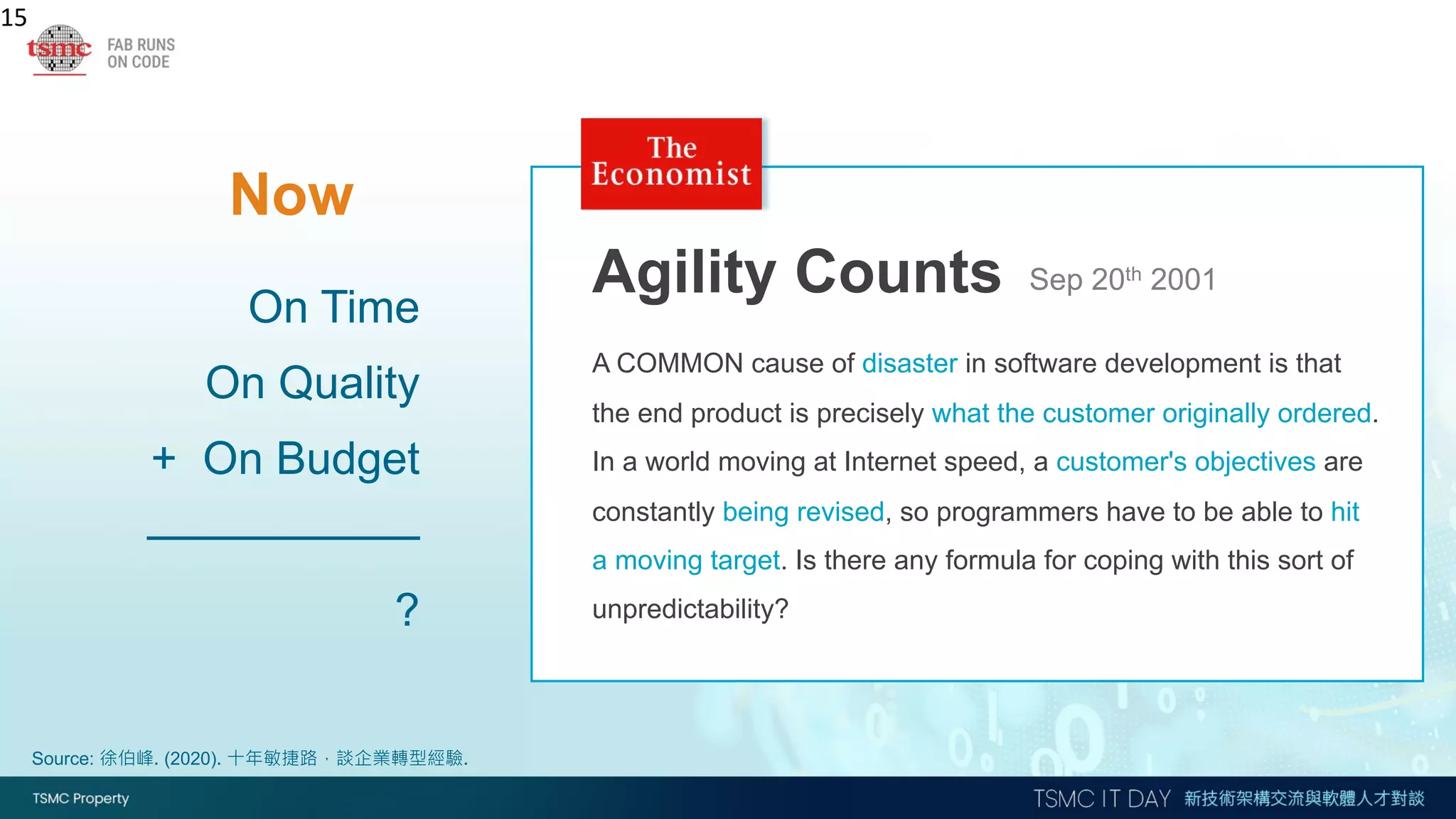 15
Now
On Time
On Quality
+ On Budget
——————
?
Source: 徐伯峰. (2020). 十年敏捷路，談企業轉型經驗.
A COMMON cause of disaster in software development is that
the end product is precisely what the customer originally ordered.
In a world moving at Internet speed, a customer's objectives are
constantly being revised, so programmers have to be able to hit
a moving target. Is there any formula for coping with this sort of
unpredictability?
Agility Counts Sep 20th 2001
 