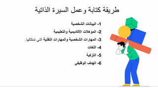 ‫الذاتية‬ ‫السيرة‬ ‫وعمل‬ ‫كتابة‬ ‫طريقة‬
1
-
‫الشخصية‬ ‫البيانات‬
2
-
‫والتعليمية‬ ‫األكاديمية‬ ‫المؤهالت‬
3
-
‫التقنية‬ ‫والمهارات‬ ‫الشخصية‬ ‫المهارات‬
‫تمتلكها‬ ‫التي‬
.
4
-
‫اللغات‬
5
-
‫التزكية‬
6
-
‫الوظيفي‬ ‫الهدف‬
 