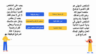 ‫هو‬ ‫المهني‬ ‫الملخص‬
‫توضح‬ ‫قصيرة‬ ‫فقرة‬
‫لمهاراتك‬ ‫ا‬ً‫ص‬‫ملخ‬
‫وأهدافك‬ ‫وخبراتك‬
‫المهنية‬
.
‫وضع‬ ‫يتم‬
‫في‬ ‫المهني‬ ‫الملخص‬
‫الذاتية‬ ‫السيرة‬ ‫بداية‬
‫صاحب‬ ‫انتباه‬ ‫لجذب‬
‫قيمتك‬ ‫وإظهار‬ ‫العمل‬
‫قوي‬ ‫كمرشح‬
‫الملخص‬ ‫على‬ ‫يجب‬
‫يكون‬ ‫أن‬ ‫المهني‬
‫ب‬ ‫ويشمل‬ ‫ا‬ً‫قصير‬
‫ين‬
3
‫إلى‬
5
‫فقط‬ ‫جمل‬
.
‫يعكس‬ ‫أن‬ ‫يجب‬
‫مالمحك‬ ‫عام‬ ‫بشكل‬
‫ويعطي‬ ‫الرئيسية‬
‫واضحة‬ ‫فكرة‬
‫عنك‬ ‫وموجزة‬
‫للوظيفة‬ ‫كمرشح‬
‫اجعله‬
‫ا‬ً‫ي‬‫شخص‬
‫القوة‬ ‫نقاط‬ ‫أبرز‬
‫واإلحصائيات‬ ‫األرقام‬ ‫استخدم‬
‫كن‬
‫ا‬ً‫موجز‬
‫ًا‬‫د‬‫ومحد‬
‫بالوظيفة‬ ‫ارتبط‬
‫المستهدفة‬
‫مهني‬ ‫ملخص‬ ‫لكتابة‬ ‫نصائح‬
 