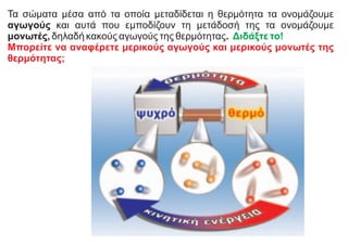 Τα σώματα μέσα από τα οποία μεταδίδεται η θερμότητα τα ονομάζουμε
αγωγούς και αυτά που εμποδίζουν τη μετάδοσή της τα ονομάζουμε
μονωτές, δηλαδή κακούς αγωγούς της θερμότητας. Διδάξτε το!
Μπορείτε να αναφέρετε μερικούς αγωγούς και μερικούς μονωτές της
θερμότητας;
 