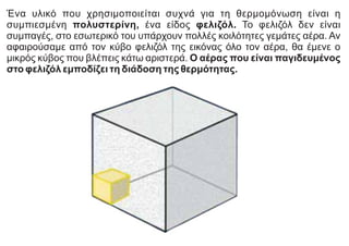 Ένα υλικό που χρησιμοποιείται συχνά για τη θερμομόνωση είναι η
συμπιεσμένη πολυστερίνη, ένα είδος φελιζόλ. Το φελιζόλ δεν είναι
συμπαγές, στο εσωτερικό του υπάρχουν πολλές κοιλότητες γεμάτες αέρα. Αν
αφαιρούσαμε από τον κύβο φελιζόλ της εικόνας όλο τον αέρα, θα έμενε ο
μικρός κύβος που βλέπεις κάτω αριστερά. Ο αέρας που είναι παγιδευμένος
στο φελιζόλ εμποδίζει τη διάδοση της θερμότητας.
 