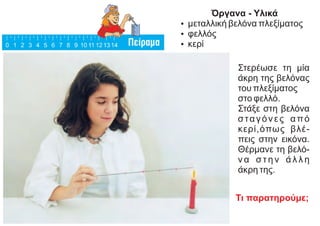 Όργανα - Υλικά
Ÿ μεταλλική βελόνα πλεξίματος
Ÿ φελλός
Ÿ κερί
Στερέωσε τη μία
άκρη της βελόνας
του πλεξίματος
στο φελλό.
Στάξε στη βελόνα
σταγόνες από
κερί,όπως βλέ-
πεις στην εικόνα.
Θέρμανε τη βελό-
ν α σ τ η ν ά λ λ η
άκρη της.
Τι παρατηρούμε;
 