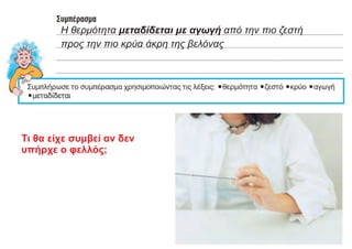 Η θερμότητα μεταδίδεται με αγωγή από την πιο ζεστή
προς την πιο κρύα άκρη της βελόνας
Τι θα είχε συμβεί αν δεν
υπήρχε ο φελλός;
 