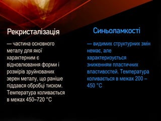 Рекристалізація
— частина основного
металу для якої
характерним є
відновлювання форми і
розмірів зруйнованих
зерен металу, що раніше
піддався обробці тиском.
Температура коливається
в межах 450–720 °C
Синьоламкості
— видимих структурних змін
немає, але
характеризується
зниженням пластичних
властивостей. Температура
коливається в межах 200 –
450 °C
 