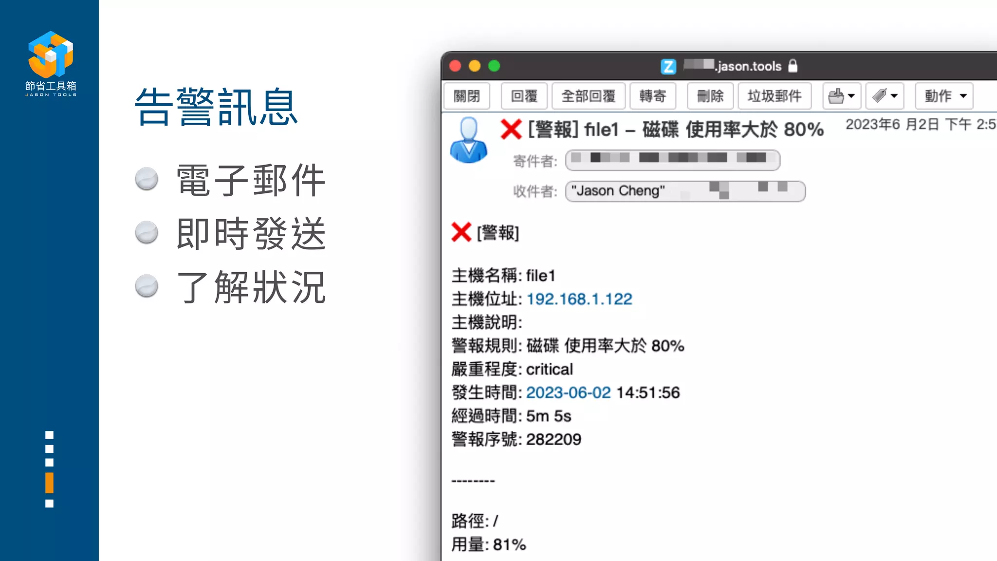 電⼦郵件
即時發送
了解狀況
告警訊息
 