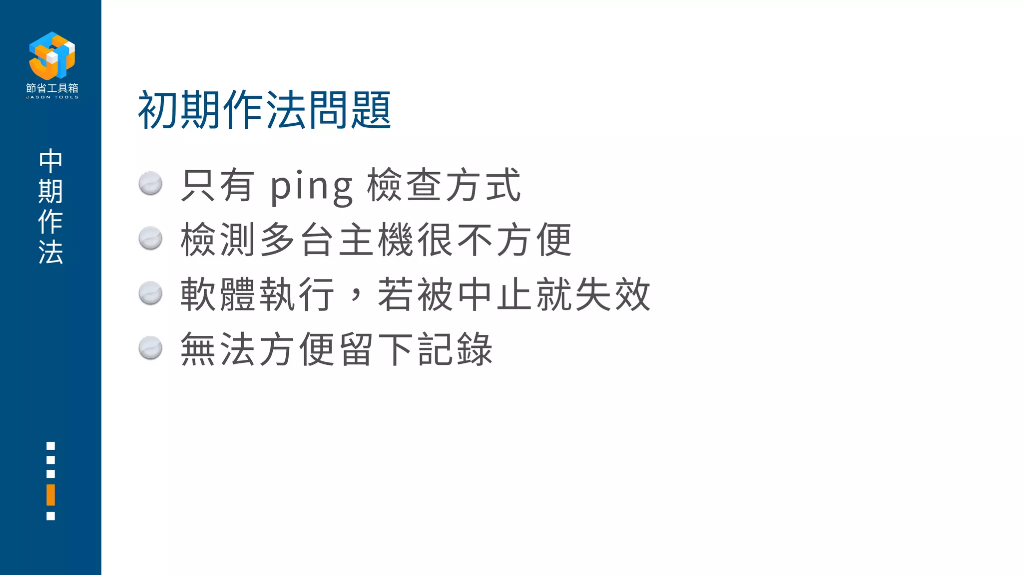 中
期
作
法
只有 ping 檢查⽅式
檢測多台主機很不⽅便
軟體執⾏，若被中⽌就失效
無法⽅便留下記錄
初期作法問題
 