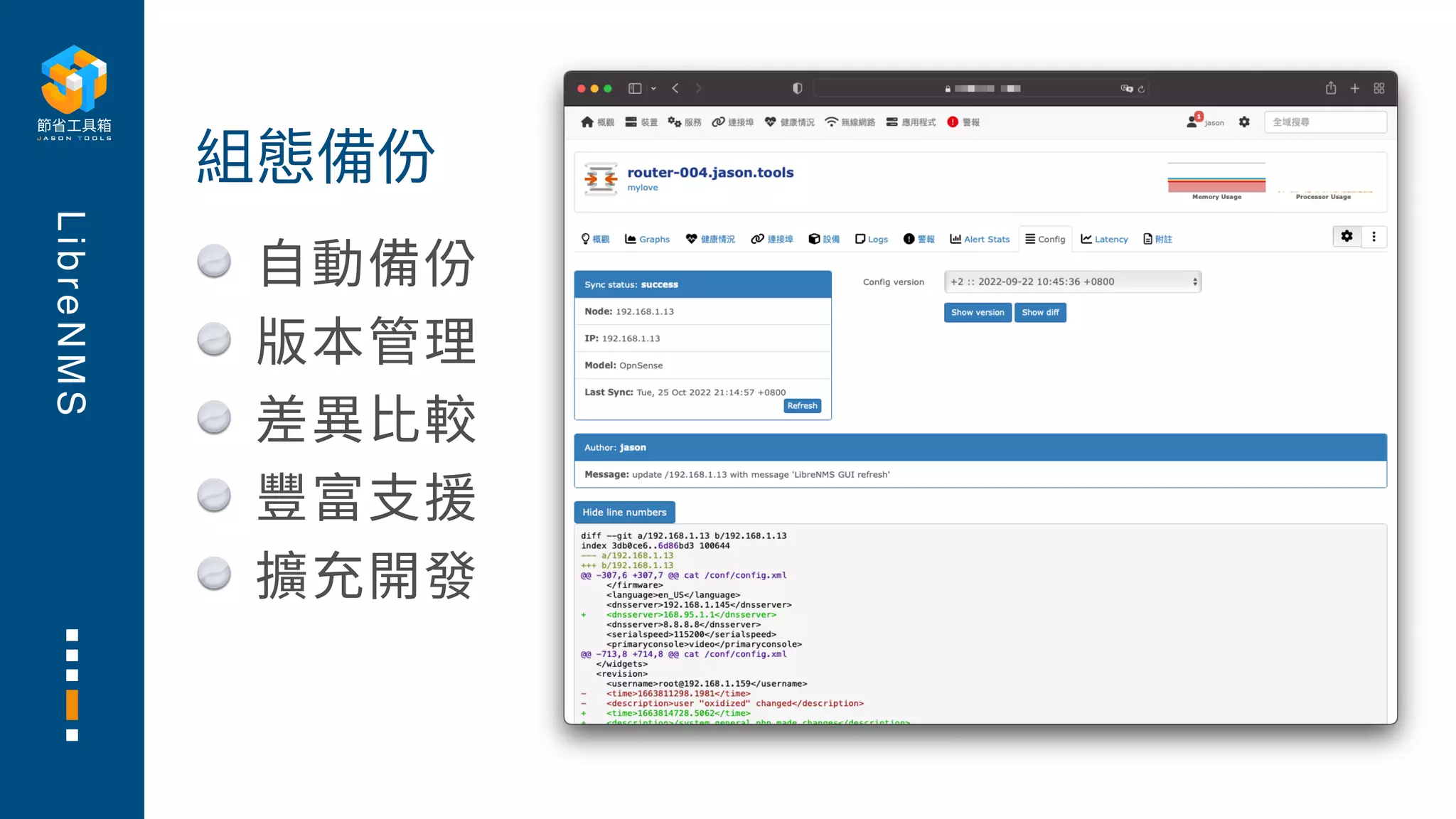 L
i
b
r
e
N
M
S
⾃動備份
版本管理
差異⽐較
豐富⽀援
擴充開發
組態備份
 