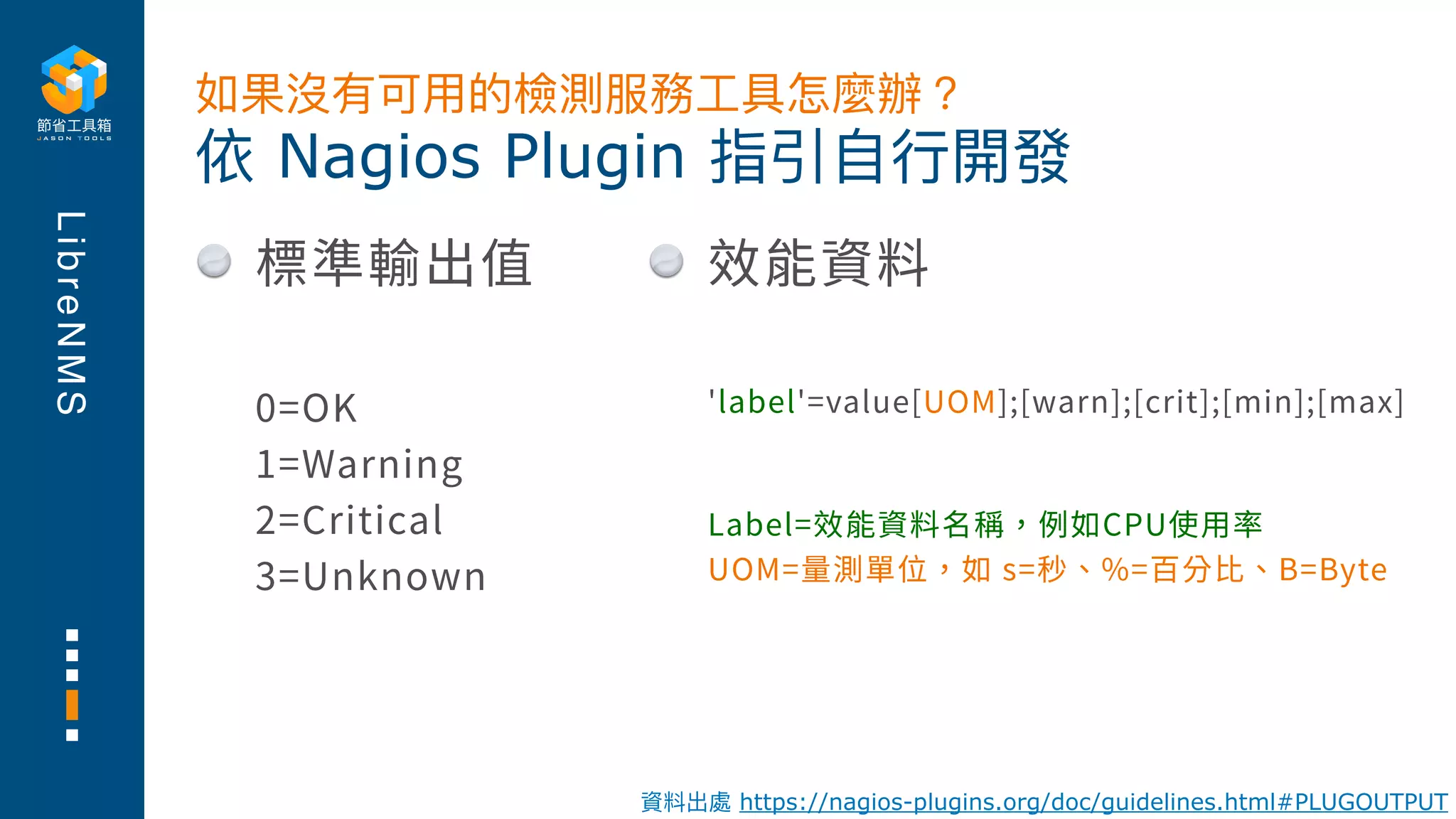 L
i
b
r
e
N
M
S
標準輸出值
0=OK
1=Warning
2=Critical
3=Unknown
依 Nagios Plugin 指引⾃⾏開發
如果沒有可⽤的檢測服務⼯具怎麼辦？
資料出處 https://nagios-plugins.org/doc/guidelines.html#PLUGOUTPUT
效能資料
'label'=value[UOM];[warn];[crit];[min];[max]
Label=效能資料名稱，例如CPU使⽤率
UOM=量測單位，如 s=秒、%=百分⽐、B=Byte
 