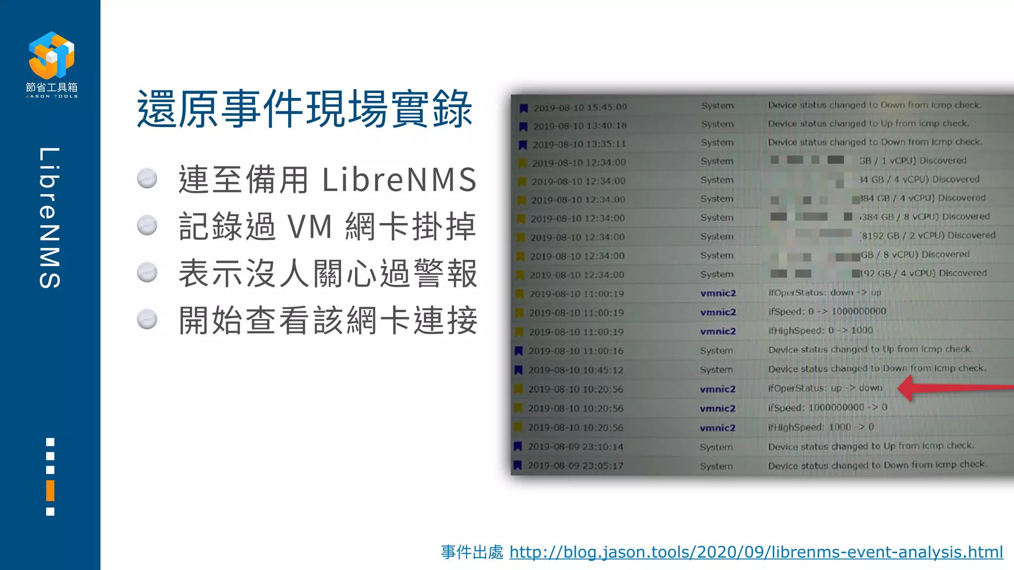 L
i
b
r
e
N
M
S
連⾄備⽤ LibreNMS
記錄過 VM 網卡掛掉
表⽰沒⼈關⼼過警報
開始查看該網卡連接
還原事件現場實錄
事件出處 http://blog.jason.tools/2020/09/librenms-event-analysis.html
 