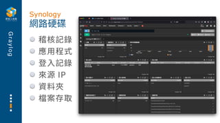 G
r
a
y
l
o
g
稽核記錄
應⽤程式
登⼊記錄
來源 IP
資料夾
檔案存取
網路硬碟
Synology
 