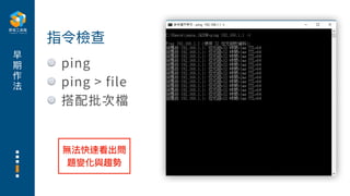早
期
作
法
ping
ping > file
搭配批次檔
指令檢查
無法快速看出問
題變化與趨勢
 