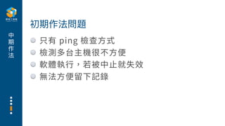中
期
作
法
只有 ping 檢查⽅式
檢測多台主機很不⽅便
軟體執⾏，若被中⽌就失效
無法⽅便留下記錄
初期作法問題
 