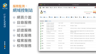 L
i
b
r
e
N
M
S
網⾴介⾯
⽬錄服務
(AD/LDAP)
認證服務
域名服務
檔案服務
校時服務
網域控制站
服務監測：
 
