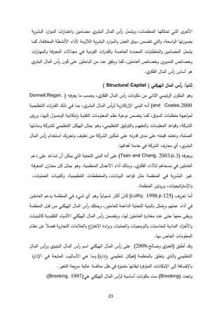 23
‫ـر‬‫خ‬‫األ‬
‫ـي‬‫ت‬‫ال‬
‫ـا‬‫ه‬‫تمتلك‬
‫ـمل‬‫ش‬‫وي‬ ،‫ـات‬‫م‬‫المنظ‬
‫أس‬
‫ر‬
‫ـال‬‫م‬‫ال‬
‫ي‬
‫ـر‬‫ش‬‫الب‬
‫ـامين‬‫ض‬‫م‬
‫ات‬
‫ر‬‫ـا‬‫ب‬‫اعت‬‫و‬
‫ارد‬‫و‬‫ـ‬‫م‬‫ال‬
‫ية‬‫ر‬‫ـ‬‫ش‬‫الب‬
‫تها‬‫ر‬‫بصو‬
،‫اسعة‬‫و‬‫ال‬
‫تتضمن‬ ‫التي‬‫و‬
‫ق‬‫سو‬
‫العمل‬
‫ارد‬‫و‬‫الم‬‫و‬
‫ية‬‫ر‬‫البش‬
‫ـة‬‫م‬‫الآلز‬
‫ألداء‬
‫ـطة‬‫ش‬‫األن‬
،‫ـة‬‫ف‬‫المختل‬
‫ـا‬‫م‬‫ك‬
‫ـمل‬‫ش‬‫ي‬
‫ـات‬‫ب‬‫المتطل‬‫و‬ ‫ـامين‬‫ض‬‫الم‬
‫ـددة‬‫ح‬‫الم‬
‫ـة‬‫ص‬‫الخا‬
‫ات‬
‫ر‬‫ـد‬‫ق‬‫بال‬
‫ـة‬‫ي‬‫الفرد‬
‫ـي‬‫ف‬
‫ـالت‬‫ج‬‫م‬
‫المع‬
‫ـة‬‫ف‬‫ر‬
‫ات‬
‫ر‬‫ـا‬‫ه‬‫الم‬‫و‬
‫وخصائ‬
‫وخصائ‬ ‫ين‬‫ر‬‫المدي‬
‫ويتفق‬ ‫كما‬ ،‫العاملين‬
‫عدد‬
‫من‬
‫الباحثين‬
‫على‬
‫ن‬‫كو‬
‫أس‬
‫ر‬
‫المال‬
‫ي‬
‫البشر‬
‫هو‬
‫أساس‬
‫أس‬
‫ر‬
‫ي‬
‫الفكر‬ ‫المال‬
.
‫ا‬‫ا‬‫ثاني‬
:
‫أس‬
‫ر‬
‫الهيكلي‬ ‫المال‬
(
Structural Capital
)
‫ـه‬‫ف‬‫ر‬‫يع‬ ‫ما‬ ‫وحسب‬ ،‫ي‬
‫الفكر‬ ‫المال‬ ‫أس‬
‫ر‬ ‫مكونات‬ ‫من‬ ‫الثاني‬ ‫ئيسي‬‫ر‬‫ال‬ ‫ن‬‫المكو‬ ‫وهو‬
(
Donnell,Regan,
and Coates,2000
)
‫اإل‬ ‫ـى‬‫ـ‬‫ن‬‫الب‬ ‫ـه‬‫ـ‬‫ن‬‫أ‬
‫ـة‬‫ـ‬‫ي‬‫التنظيم‬ ‫ات‬
‫ر‬‫ـد‬‫ـ‬‫ق‬‫ال‬ ‫ـك‬‫ـ‬‫ل‬‫ذ‬ ‫ـي‬‫ـ‬‫ف‬ ‫ـا‬‫ـ‬‫م‬‫ب‬ ،‫ي‬
‫ـر‬‫ـ‬‫ش‬‫الب‬ ‫ـال‬‫ـ‬‫م‬‫ال‬ ‫أس‬
‫ر‬‫ـ‬‫ـ‬‫ل‬ ‫ـة‬‫ـ‬‫ي‬‫ز‬‫تكا‬‫ر‬
‫ورؤ‬ ،‫ـا‬‫ه‬‫إلي‬ ‫ـول‬‫ص‬‫الو‬ ‫ـة‬‫ي‬‫مكان‬‫ا‬‫و‬ ‫ـة‬‫ي‬‫التقن‬ ‫ـات‬‫م‬‫المعلو‬ ‫ـم‬‫ظ‬‫ن‬ ‫ـة‬‫ي‬‫نوع‬ ‫ـمن‬‫ض‬‫يت‬ ‫ـا‬‫م‬‫ك‬ ،‫ق‬‫السو‬ ‫متطلبات‬ ‫اجهة‬‫و‬‫لم‬
‫لل‬ ‫ـي‬‫م‬‫التنظي‬ ‫ـل‬‫ك‬‫الهي‬ ‫ـل‬‫ث‬‫يم‬ ‫ـو‬‫ه‬‫و‬ ،‫ـي‬‫م‬‫التنظي‬ ‫ـق‬‫ي‬‫التوث‬‫و‬ ‫المفهوم‬‫و‬ ‫المعلومات‬ ‫اعد‬‫و‬‫وق‬ ،‫الشركة‬
‫ـا‬‫ه‬‫ومادت‬ ‫ـركة‬‫ش‬
‫ـال‬‫م‬‫ال‬ ‫أس‬
‫ر‬ ‫ـتخدام‬‫س‬‫ا‬ ‫ـك‬‫ي‬‫ر‬‫وتح‬ ‫ـف‬‫ي‬‫تغل‬ ‫ـن‬‫م‬ ‫ـركة‬‫ش‬‫ال‬ ‫ـين‬‫ك‬‫تم‬ ‫ـى‬‫ل‬‫ع‬ ‫ـه‬‫ت‬‫ر‬‫قد‬ ‫ـد‬‫م‬ ‫على‬ ‫قيمته‬ ‫وتعتمد‬ ،‫الصلبة‬
‫أهدافها‬ ‫خدمة‬ ‫في‬ ‫الشركة‬ ‫معارف‬ ‫أي‬ ،‫ي‬
‫البشر‬
.
‫فه‬‫ر‬‫ويع‬
(Tsan and Chang, 2003,p.3)
‫على‬
‫أنه‬
‫البنى‬
‫التحتية‬
‫التي‬
‫يمكن‬
‫تساعد‬ ‫أن‬
‫على‬
‫دعم‬
‫العاملين‬
‫في‬
‫ـعاهم‬‫س‬‫م‬
‫ـألداء‬‫ل‬
،‫ي‬
‫ـر‬‫ك‬‫الف‬
‫ـذلك‬‫ب‬‫و‬
‫أداء‬
‫ـال‬‫م‬‫األع‬
‫ـة‬‫ي‬‫المنظم‬
.
‫ـو‬‫ه‬‫و‬
‫ـل‬‫ث‬‫يم‬
‫ـل‬‫ك‬
‫ن‬‫ـاز‬‫خ‬‫م‬
‫ـة‬‫ف‬‫ر‬‫المع‬
‫ـر‬‫ي‬‫غ‬
‫ية‬‫ر‬‫ـ‬‫ش‬‫الب‬
‫ـي‬‫ف‬
‫ـة‬‫م‬‫المنظ‬
‫ـل‬‫ث‬‫م‬
‫ـد‬‫ع‬‫ا‬‫و‬‫ق‬
‫ـات‬‫ط‬‫المخط‬‫و‬ ،‫ـات‬‫ن‬‫البيا‬
،‫ـة‬‫ي‬‫التنظيم‬
‫ـات‬‫ب‬‫وكتي‬
،‫ـات‬‫ي‬‫العمل‬
‫و‬
‫اتيجي‬
‫ر‬‫اإلست‬
،‫ات‬
‫المنظمة‬ ‫وروتين‬
.
‫ـف‬‫ي‬‫ر‬‫تع‬ ‫ـا‬‫م‬‫أ‬
Luthy, 1998,p.125)
)
‫ـاملين‬‫ع‬‫ال‬ ‫ـدعم‬‫ي‬ ‫ـة‬‫م‬‫المنظ‬ ‫ـي‬‫ف‬ ‫ـيء‬‫ش‬ ‫أي‬ ‫ـو‬‫ه‬‫و‬ ‫ا‬‫ا‬‫ـمولي‬‫ش‬ ‫ـر‬‫ث‬‫أك‬ ‫ـان‬‫ك‬
‫في‬
‫ـة‬‫م‬‫المنظ‬ ‫ـل‬‫ب‬‫ق‬ ‫ـن‬‫م‬ ‫ـي‬‫ل‬‫الهيك‬ ‫المال‬ ‫أس‬
‫ر‬ ‫ويمتلك‬ ،‫للعاملين‬ ‫الداعمة‬ ‫التحتية‬ ‫بالبنية‬ ‫ويتمثل‬ ‫عملهم‬ ‫أداء‬
‫ـات‬‫ـ‬‫ي‬‫كالبن‬ ‫ـة‬‫ـ‬‫ي‬‫التقليد‬ ‫ـياء‬‫ش‬‫األ‬ ‫ـي‬‫ـ‬‫ل‬‫الهيك‬ ‫ـال‬‫م‬‫ال‬ ‫أس‬
‫ر‬ ‫ـمن‬‫ـ‬‫ض‬‫ويت‬ ،‫ـا‬‫ه‬‫ل‬ ‫ـاملين‬‫ـ‬‫ع‬‫ال‬ ‫ة‬
‫ر‬‫ـاد‬‫غ‬‫م‬ ‫ـد‬‫ـ‬‫ن‬‫ع‬ ‫ـى‬‫ت‬‫ح‬ ‫ـا‬‫ـ‬‫ه‬‫مع‬ ‫ـى‬‫ق‬‫ويب‬
‫العالمات‬‫و‬ ‫اع‬
‫ر‬‫الخت‬ ‫اءة‬
‫ر‬‫وب‬ ‫العمليات‬‫و‬ ‫البرمجيات‬‫و‬ ‫للحاسبات‬ ‫المادية‬ ‫اء‬
‫ز‬‫األج‬‫و‬
‫ا‬‫ال‬‫فض‬ ‫ية‬‫ر‬‫التجا‬
‫نظام‬ ‫عن‬
‫بها‬ ‫الخا‬ ‫المعلومات‬
.
‫ـد‬‫ق‬‫و‬
‫ـق‬‫ل‬‫أط‬
(
،‫ـالح‬‫ص‬‫و‬ ‫ي‬
‫ـز‬‫ن‬‫الع‬
(2009
‫ـى‬‫ل‬‫ع‬
‫ر‬
‫أس‬
‫ـال‬‫م‬‫ال‬
‫ـي‬‫ل‬‫الهيك‬
‫ـم‬‫س‬‫ا‬
‫أس‬
‫ر‬
‫ـال‬‫م‬‫ال‬
‫ـوي‬‫ي‬‫البن‬
‫و‬
‫أس‬
‫ر‬
‫ـال‬‫م‬‫ال‬
‫ـي‬‫م‬‫التنظي‬
‫ـذي‬‫ل‬‫ا‬‫و‬
‫ـق‬‫ل‬‫يتع‬
‫ـ‬‫م‬‫بالمنظ‬
‫ة‬
(
‫ـل‬‫ك‬‫هي‬
‫ـي‬‫م‬‫تنظي‬
‫ة‬
‫ر‬‫دا‬‫ا‬‫و‬
(
‫ـا‬‫م‬‫و‬
‫ـاليب‬‫س‬‫األ‬ ‫ـي‬‫ه‬
‫ـة‬‫ع‬‫المتب‬
‫ـي‬‫ف‬
‫ة‬
‫ر‬‫اإلدا‬
‫باإلضافة‬
‫إلى‬
‫اإلمكانات‬
‫لبقائها‬ ‫ة‬
‫ر‬‫المتوف‬
‫ة‬
‫ز‬‫متمي‬
‫في‬
‫ظل‬
‫منافسة‬
‫عالية‬
‫يعة‬‫ر‬‫س‬
‫التغير‬
.
‫وتحدد‬
(Brooking)
‫هي‬ ‫الهيكلي‬ ‫المال‬ ‫أس‬
‫ر‬‫ل‬ ‫أساسية‬ ‫مكونات‬ ‫ست‬
Brooking, 1997)
:)
 