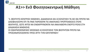 QMSCERT
Εκπαίδευση ομάδων ανθρώπινου δυναμικού του Παν. Μακεδονίας σε θέματα Διοίκησης και Στρατηγικής
Α1>> Εν3 Φοιτητοκεντρική Μάθηση
‘3. ΦΟΙΤΗΤΟ-ΚΕΝΤΡΙΚΗ ΜΑΘΗΣΗ, ΔΙΔΑΣΚΑΛΙΑ ΚΑΙ ΑΞΙΟΛΟΓΗΣΗ ΤΑ ΑΕΙ ΘΑ ΠΡΕΠΕΙ ΝΑ
ΔΙΑΣΦΑΛΙΣΟΥΝ ΟΤΙ ΤΑ ΠΜΣ ΠΑΡΕΧΟΥΝ ΤΙΣ ΑΝΑΓΚΑΙΕΣ ΠΡΟΫΠΟΘΕΣΕΙΣ ΣΤΟΥΣ
ΦΟΙΤΗΤΕΣ, ΩΣΤΕ ΑΥΤΟΙ ΝΑ ΕΝΘΑΡΡΥΝΟΝΤΑΙ ΝΑ ΑΝΑΛΑΒΟΥΝ ΕΝΕΡΓΟ ΡΟΛΟ ΣΤΗ
ΔΙΑΔΙΚΑΣΙΑ ΜΑΘΗΣΗΣ.
ΟΙ ΕΦΑΡΜΟΖΟΜΕΝΕΣ ΜΕΘΟΔΟΙ ΑΞΙΟΛΟΓΗΣΗΣ ΤΩΝ ΦΟΙΤΗΤΩΝ ΠΡΕΠΕΙ ΝΑ
ΠΡΟΣΑΝΑΤΟΛΙΖΟΝΤΑΙ ΠΡΟΣ ΑΥΤΗ ΤΗΝ ΚΑΤΕΥΘΥΝΣΗ.’
20
 