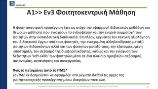 QMSCERT
Εκπαίδευση ομάδων ανθρώπινου δυναμικού του Παν. Μακεδονίας σε θέματα Διοίκησης και Στρατηγικής
Α1>> Εν3 Φοιτητοκεντρική Μάθηση
Η φοιτητοκεντρική προσέγγιση έχει ως στόχο την εφαρμογή διδακτικών μεθόδων και
θεωριών μάθησης που ενισχύουν το ενδιαφέρον και την ενεργό συμμετοχή των
φοιτητών στην εκπαιδευτική διαδικασία. Επιπλέον, εγγυάται την τακτική αξιολόγηση
του διδακτικού έργου από τους φοιτητές, την ενισχυμένη αλληλεπίδραση μεταξύ
φοιτητών-διδασκόντων αλλά και των φοιτητών μεταξύ τους, την εξατομικευμένη
υποστήριξη, τον σεβασμό της διαφορετικότητας, καθώς και την ενίσχυση των
δεξιοτήτων ‘soft-skills’ των φοιτητών μέσα σε ένα πλαίσιο αμοιβαίου σεβασμού,
αυτονομίας, κατανόησης και συνεργασίας.
Πως το πετυχαίνει αυτό το ΠΜΣ?
Το ΠΜΣ xx δεσμεύεται να εφαρμόζει στο μέγιστο βαθμό τις αρχές της
φοιτητοκεντρικής προσέγγισης μέσω διαφόρων τακτικών.
21
 