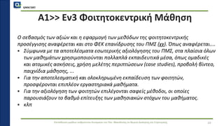 QMSCERT
Εκπαίδευση ομάδων ανθρώπινου δυναμικού του Παν. Μακεδονίας σε θέματα Διοίκησης και Στρατηγικής
Α1>> Εν3 Φοιτητοκεντρική Μάθηση
Ο σεβασμός των αξιών και η εφαρμογή των μεθόδων της φοιτητοκεντρικής
προσέγγισης αναφέρεται και στο ΦΕΚ επανίδρυσης του ΠΜΣ (χχ). Όπως αναφέρεται....
▪ Σύμφωνα με τα αποτελέσματα εσωτερικής αξιολόγησης του ΠΜΣ, στα πλαίσια όλων
των μαθημάτων χρησιμοποιούνται πολλαπλά εκπαιδευτικά μέσα, όπως ομαδικές
και ατομικές ασκήσεις, χρήση μελέτης περιπτώσεων (case studies), προβολή βίντεο,
παιχνίδια μάθησης, ...
▪ Για την αποτελεσματική και ολοκληρωμένη εκπαίδευση των φοιτητών,
προσφέρονται επιπλέον εργαστηριακά μαθήματα.
▪ Για την αξιολόγηση των φοιτητών επιλέγονται σαφείς μέθοδοι, οι οποίες
παρουσιάζουν το βαθμό επίτευξης των μαθησιακών στόχων του μαθήματος.
▪ κλπ
23
 