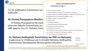 QMSCERT
Εκπαίδευση ομάδων ανθρώπινου δυναμικού του Παν. Μακεδονίας σε θέματα Διοίκησης και Στρατηγικής
Για την ακαδημαϊκή πιστοποίηση των ΠΜΣ, ο φάκελος της Πρότασης περιλαμβάνει τα
ακόλουθα:
Α0. Πίνακας Περιεχομένων Φακέλου.
Ο Πίνακας Περιεχομένων θα περιλαμβάνει όλα τα αρχεία που περιλαμβάνονται
μέσα στον Φάκελο Πιστοποίησης του κάθε ΠΜΣ, όπως ακριβώς είναι και ο τίτλος του
κάθε αρχείου (π.χ. Α1. Πρόταση Πιστοποίησης του ΠΜΣ «.....»)
Α1. Πρόταση Ακαδημαϊκής Πιστοποίησης του ΠΜΣ του Ιδρύματος,
σύμφωνα με το «Υπόδειγμa για τη σύνταξη Πρότασης Ακαδημαϊκής
Πιστοποίησης Προγράμματος Μεταπτυχιακών Σπουδών».
 
