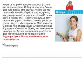 Κόψτε με το ψαλίδι τους δίσκους που βλέπετε
στο επόμενο φύλλο. Κολλήστε τους στις δύο ό-
ψεις ενός δίσκου από χαρτόνι. Ανοίξτε μία τρύ-
πα σε κάθε κουκίδα. Περάστε από τις τρύπες
μία χοντρή κλωστή με μήκος περίπου 80 εκ. και
δέστε τις άκρες της. Περάστε τα δάχτυλά στην
κλωστή και γυρίστε τον δίσκο πολλές φορές μέ-
χρι να τυλιχτεί η κλωστή αρκετά. Μετά τεντώστε.
Ο δίσκος που φτιάξαμε είναι ζωγραφισμένος με
6 χρώματα. Ονομάζεται δίσκος του Newton από
το όνομα του Άγγλου φυσικού που μελέτησε το
φως και τα χρώματα με παρόμοιο τρόπο.
Τι χρώμα έχει ο δίσκος του Newton, όταν
περιστρέφεται;
 