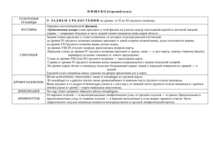 П И Щ Е В О Д (грудной отдел)
ГОЛОТОПИЯ
ГРАНИЦЫ
В З А Д Н Е М С Р Е Д О С Т Е Н И И на уровне от П до ХI грудного позвонка.
ФУТЛЯРЫ
Окружен околопищеводной фасцией.
Средостенная плевра слева прилежит к этой фасции на участке между нисходящей аортой и легочной связкой,
справа — покрывает боковую и часть задней стенки пищевода ниже корня лёгкого.
СИНТОПИЯ
Задняя стенка прилегает к телам позвонков, от которых отделена рыхлой клетчаткой:
до уровня IV грудного позвонка пищевод прилежит к левой стороне позвоночника, далее отклоняется вправо,
на уровне VП грудного позвонка вновь уходит влево,
на уровне VШ-IХ отходит кпереди, располагаясь впереди аорты.
Передняя стенка до уровня IV грудного позвонка прилежит к трахее, ниже — к дуге аорты, левому главному бронху,
перикарду (отделяет пищевод от левого предсердия).
Слева до уровня VШ (или IХ) грудного позвонка — нисходящая аорта.
Справа от уровня IV грудного позвонка книзу пищевод соприкасается с медиастинальной плеврой.
На уровне корня лёгких к пищеводу подходят блуждающие нервы: левый к передней поверхности, правый — к
задней.
Грудной отдел пищевода имеет сужение на уровне прилегания его к аорте.
КРОВОСНАБЖЕНИЕ
Ветви aa.bronchiales, intercostales, также rr.oesophagei из грудной аорты.
Rr.oesophagei от a.gastrica sinistra также кровоснабжают и нижнюю часть грудного отдела пищевода.
Вены впадают в vv.azygos et hemiazygos (далее в v.cava sup.), от нижней части грудного отдела пищевода в v.gastrica
sinistra (далее в v.porta) —порто-кавальные анастомозы.
ИННЕРВАЦИЯ Nn.vagi, trunci sympatici образуют plexus oesophageus.
ЛИМФООТТОК
От верхних отделов — в околотрахеальные лимфатические узлы, от средних отделов — в трахео- бронхиальные и
предпозвоночные узлы, от нижних отделов — в верхние желудочные и узлы вокруг чревного ствола. Часть
лифатических сосудов пищевода вливается непосредственно в грудной лимфатический проток.
 