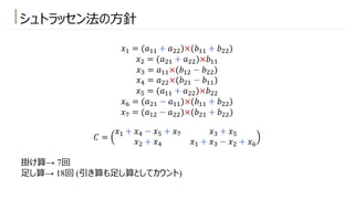 シュトラッセン法の⽅針
𝑥! = (𝑎!! + 𝑎"")×(𝑏!! + 𝑏"")
𝑥" = (𝑎"! + 𝑎"")×𝑏!!
𝑥# = 𝑎!!×(𝑏!" − 𝑏"")
𝑥* = 𝑎""×(𝑏"! − 𝑏!!)
𝑥+ = (𝑎!! + 𝑎"")×𝑏""
𝑥, = (𝑎"! − 𝑎!!)×(𝑏!! + 𝑏"")
𝑥) = (𝑎!" − 𝑎"")×(𝑏"! + 𝑏"")
𝐶 =
𝑥! + 𝑥* − 𝑥+ + 𝑥) 𝑥# + 𝑥+
𝑥" + 𝑥* 𝑥! + 𝑥# − 𝑥" + 𝑥,
掛け算→ 7回
⾜し算→ 18回 (引き算も⾜し算としてカウント)
 
