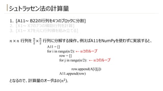 シュトラッセン法の計算量
1. [A11~ B22の⾏列を4つのブロックに分割]
2. [X1~ X7の7つの補助⾏列を計算]
3. [X1~ X7を元に⾏列積を組み⽴てる]
𝑛 × 𝑛 ⾏列を
-
"
×
-
"
⾏列に分解する操作。例えばA11をNumPyを使わずに実装すると、
となるので、計算量のオーダは𝑂 𝑛" .
A11 = []
for i in range(n/2): ← n/2のループ
row = []
for j in range(n/2): ← n/2のループ
row.append(A[i][j])
A11.append(row)
 