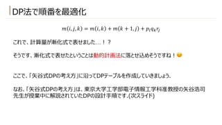 DP法で順番を最適化
𝑚 𝑖, 𝑗, 𝑘 = 𝑚 𝑖, 𝑘 + 𝑚 𝑘 + 1, 𝑗 + 𝑝$𝑞&𝑟
%
これで、計算量が漸化式で表せました…︕︖
そうです、漸化式で表せたということは動的計画法に落とせ込めそうですね︕😊
ここで、「⽮⾕式DPの考え⽅」に沿ってDPテーブルを作成していきましょう.
なお、「⽮⾕式DPの考え⽅」は、東京⼤学⼯学部電⼦情報⼯学科准教授の⽮⾕浩司
先⽣が授業中に解説されていたDPの設計⼿順です.(次スライド)
 