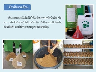 เป็นการนาเทคโนโลยีไปใช้ในด้านการบาบัดน้าเสีย เช่น
การบาบัดน้าเสียโดยใช้จุลินทรีย์ EM ซึ่งมีคุณสมบัติช่วยดับ
กลิ่นน้าเสีย และไม่ทาลายสมดุลของสิ่งแวดล้อม
ด้านสิ่งแวดล้อม
 