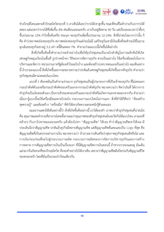 19
ช่วงวิกฤติโดยเฉพำะตัววิกฤตโควิดรอบที่ 3 เรำเห็นได้เลยว่ำรำยได้เขำสูงขึ้น ขณะที่คนที่ไม่ทำงำนกับเรำรำยได้
ลดลง แต่แปลกว่ำรำยได้ที่เพิ่มขึ้น 4% ต่อเดือนเลยนะครับ เรำเก็บอยู่ติดตำม 90 วัน แต่เป็นระยะเวลำว่ำสั้นๆ
ขึ้นประมำณ 12% กำไรขั้นต้นหรือ Margin ของธุรกิจเพิ่มขึ้นประมำณ 12-14% สิ่งที่น่ำสนใจมำกกว่ำนั้น ก็
คือ คำว่ำสภำพคล่องของธุรกิจ สภำพคล่องของธุรกิจแต่ก่อนไม่มี แต่ปัจจุบันเขำมีเงินเพื่อที่จะสำรองใช้ในยำม
ฉุกเฉินของธุรกิจเขำอยู่ 3.2 เท่ำ หนี้สินลดลง 7% คำถำมว่ำผลแบบนี้เกิดขึ้นได้อย่ำงไร
สิ่งที่เกิดขึ้นคือตั้งคำถำมว่ำจะทำอย่ำงไรเพื่อให้ธุรกิจชุมชนเป็นกลไกสำคัญในกำรผลักดันให้เกิด
เศรษฐกิจหมุนเวียนในพื้นที่ รูปร่ำงหน้ำตำ วิธีของกำรจัดกำรธุรกิจ ควรเป็นอย่ำงไร ใช้เครื่องมืออะไรในกำร
บริหำรและจัดกำร หน่วยงำนภำครัฐต้องเข้ำใจอะไรบ้ำง และต้องสร้ำงบทบำทตนเองเป็นอย่ำงไร ผมเห็นอย่ำง
นี้ ถ้ำเรำมองแบบนี้ สิ่งที่เกิดขึ้นอยำกจะขยำยควำมว่ำปกติแล้วเศรษฐกิจชุมชนที่เกิดขึ้นจำกตัวธุรกิจ คำถำมว่ำ
ธุรกิจชุมชนมีคำแรคเตอร์แบบไหน
แบบที่ 1 สังเกตมันเป็นคำถำมง่ำยมำก ธุรกิจชุมชนเป็นผู้ประกอบกำรที่เป็นเจ้ำของธุรกิจ ที่ไม่เคยแยก
กระเป๋ำตังค์ตัวเองหรือกระเป๋ำตังค์ครอบครัวออกจำกกระเป๋ำตังค์ธุรกิจ หมำยควำมว่ำ คิดว่ำเงินที่ ได้จำกกำร
ทำธุรกิจเป็นเงินของตัวเอง เป็นรำยรับของครอบครัวและกระเป๋ำตังค์ไม่เกิดกำรแยกขำดออกจำกกัน คำถำมว่ำ
เมื่อเรำรู้แบบนี้จะใช้เครื่องมือและกลไกอะไร กระบวนกำรแบบไหนในกำรแยก สิ่งที่ทำได้ก็คือว่ำ “ต้องสร้ำง
ชุดควำมรู้” และต้องสร้ำง “เครื่องมือ” ที่ทำให้เขำเกิดควำมตระหนักรู้ด้วยตนเอง
ผมอยำกแสดงให้เห็นอย่ำงนี้ว่ำ สิ่งที่เกิดขึ้นคืออย่ำงนี้ เรำได้ลองทำ เรำพบว่ำตัวธุรกิจชุมชนที่น่ำสนใจ
คือ คุณภำพและคำถำมที่อำจำรย์เคยตั้งถำมผมว่ำคุณภำพของตัวธุรกิจชุมชนมันจะวัดกันได้แบบไหน เรำมองที่
คล้ำยๆ กับเรำไปหำหมอเลยนะครับ แล้วต้องไปหำ “สัญญำณชีพ” ให้เจอ คำว่ำสัญญำณชีพเขำให้เจอ มี
ประเด็นนึงว่ำสัญญำณชีพ ปกติแล้วธุรกิจมีหลำยสัญญำณชีพ แต่สัญญำณชีพที่แตะและเป็น Logic ที่สุด คือ
สัญญำณชีพที่เป็นตรรกะผ่ำนกำรเงิน หมำยควำมว่ำ ถ้ำเรำอยำกเห็นหรือว่ำสุขภำพธุรกิจชุมชนดีหรือไม่ แตะ
กำรเงินก่อนก่อนที่จะไปสู่กระบวนกำรผลิต กระบวนกำรผลิตของกำรจัดกำรบริหำรธุรกิจและกำรสร้ำง
กำรตลำด กำรสัญญำณชีพกำรเงินเป็นเรื่องแรก ที่นี่สัญญำณชีพกำรเงินตอนนี้ ถ้ำหำกเรำลองแตะดู มันเต้น
แผ่วมำกในจังหวะที่ของวิกฤตโควิด คือจะทำอย่ำงไรให้เรำเห็น เพรำะว่ำสัญญำณชีพมันปิดปนกับสัญญำณชีวิต
ของครอบครัว โดยที่มันเป็นกระเป๋ำก้อนเดียวกัน
 