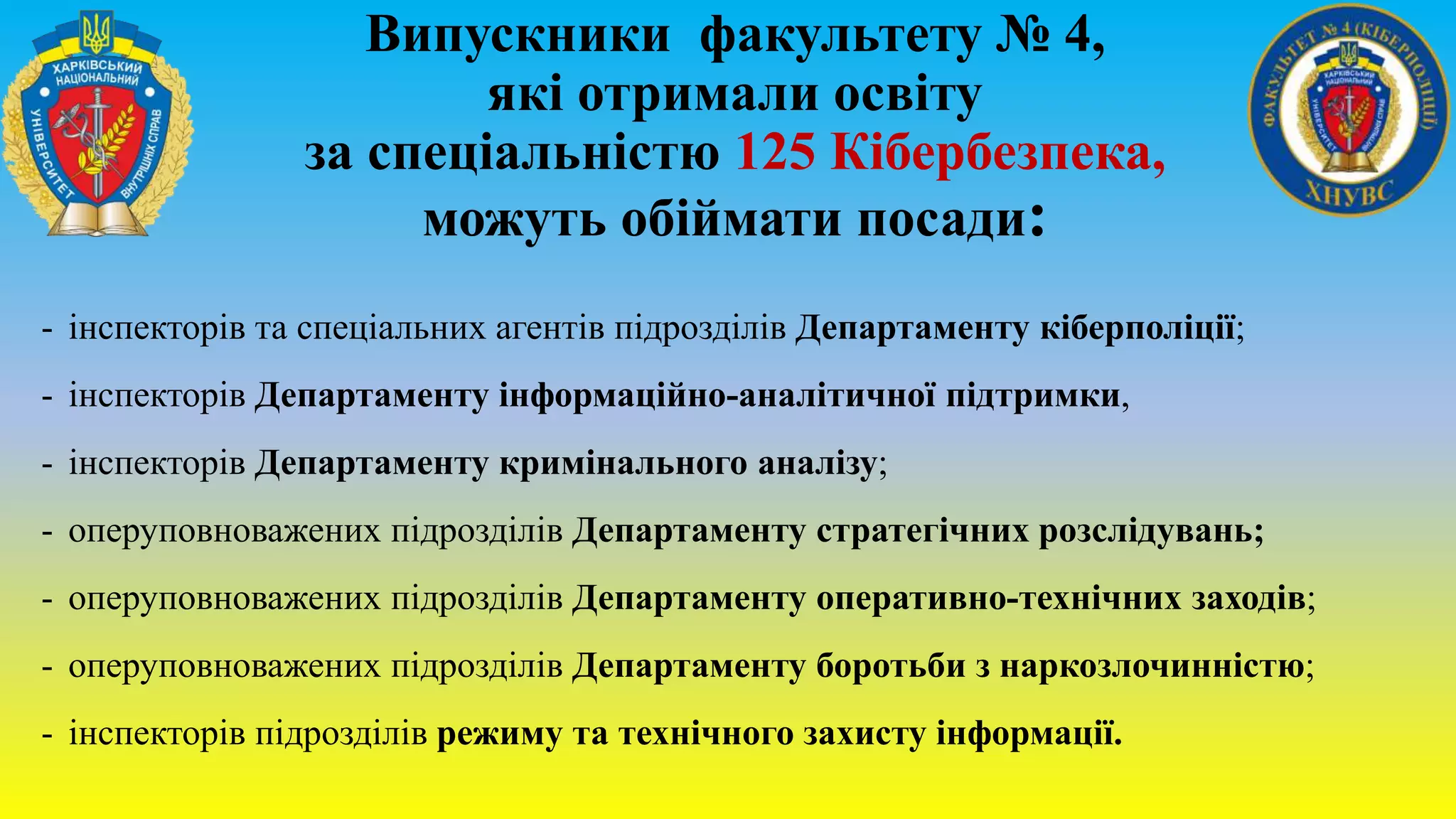 Випускники факультету № 4,
які отримали освіту
за спеціальністю 125 Кібербезпека,
можуть обіймати посади:
- інспекторів та спеціальних агентів підрозділів Департаменту кіберполіції;
- інспекторів Департаменту інформаційно-аналітичної підтримки,
- інспекторів Департаменту кримінального аналізу;
- оперуповноважених підрозділів Департаменту стратегічних розслідувань;
- оперуповноважених підрозділів Департаменту оперативно-технічних заходів;
- оперуповноважених підрозділів Департаменту боротьби з наркозлочинністю;
- інспекторів підрозділів режиму та технічного захисту інформації.
 