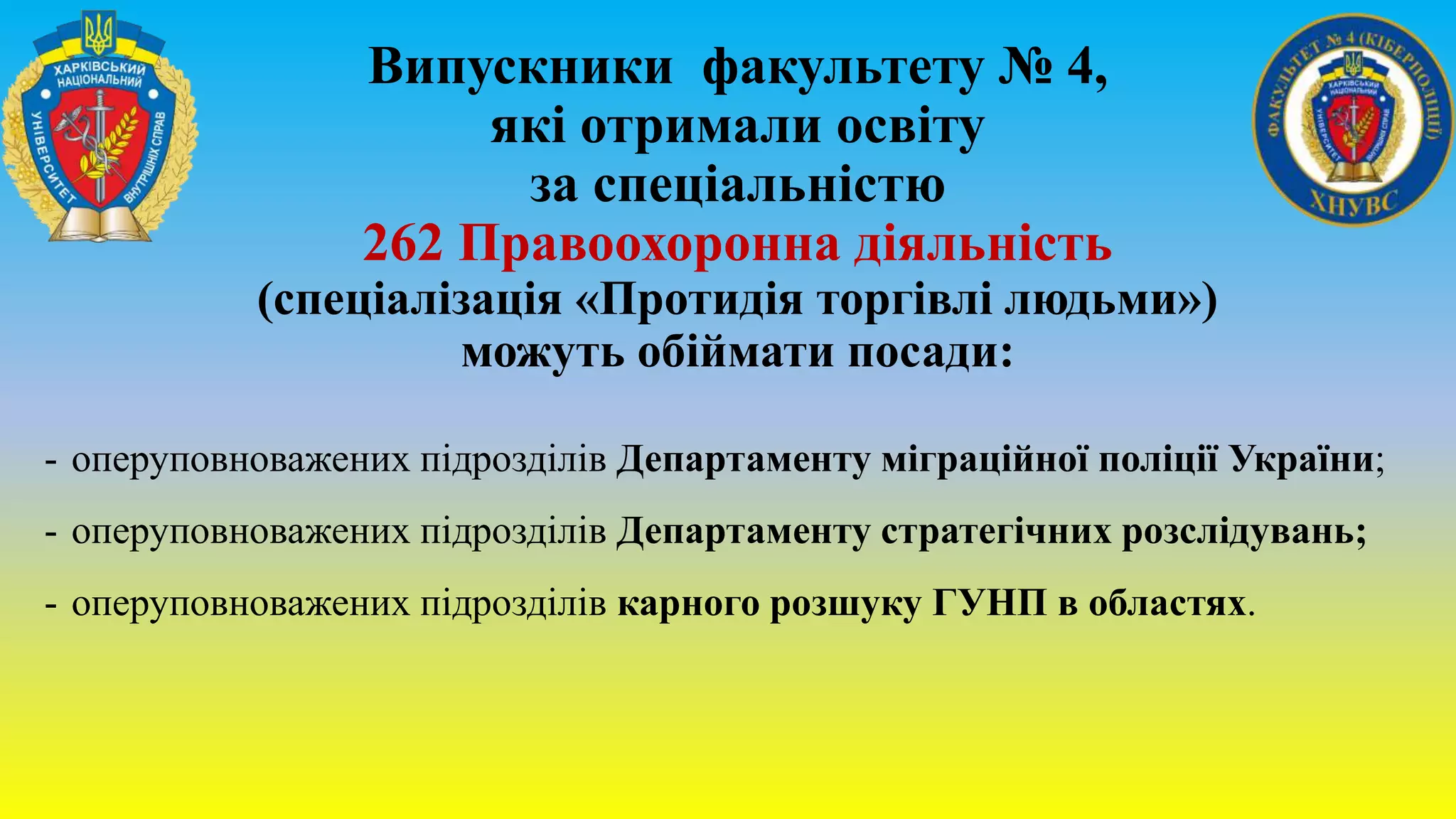 Випускники факультету № 4,
які отримали освіту
за спеціальністю
262 Правоохоронна діяльність
(спеціалізація «Протидія торгівлі людьми»)
можуть обіймати посади:
- оперуповноважених підрозділів Департаменту міграційної поліції України;
- оперуповноважених підрозділів Департаменту стратегічних розслідувань;
- оперуповноважених підрозділів карного розшуку ГУНП в областях.
 