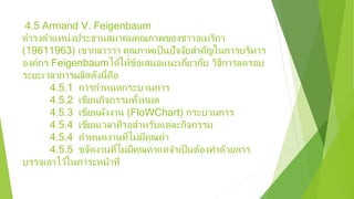 4.5 Armand V. Feigenbaum
ดํารงตําแหน่งประธานสมาคมคุณภาพของชาวอเมริกา
(19611963) เขากล่าวว่า คุณภาพเป็นปัจจัยสําคัญในการบริหาร
องค์กร Feigenbaumได้ให้ข้อเสนอแนะเกี่ยวกับ วิธีการลดรอบ
ระยะเวลาการผลิตดังนี้คือ
4.5.1 การกําหนดกระบวนการ
4.5.2 เขียนกิจกรรมทั้งหมด
4.5.3 เขียนผังงาน (FloWChart) กระบวนการ
4.5.4 เขียนเวลาที่รอสําหรับแต่ละกิจกรรม
4.5.4 กําหนดงานที่ไม่มีคุณค่า
4.5.5 ขจัดงานที่ไม่มีคุณค่าแต่จําเป็นต้องทําด้วยการ
บรรจุเอาไว้ในภาระหน้าที่
 