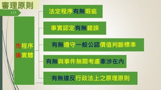 審理原則
先程序
後實體
法定程序有無瑕疵
事實認定有無錯誤
有無遵守一般公認價值判斷標準
有無與事件無關考慮牽涉在內
有無違反行政法上之原理原則
117
林珊如編製
 