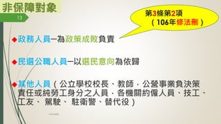 非保障對象
◆政務人員─為政策成敗負責
◆民選公職人員─以選民意向為依歸
◆其他人員（公立學校校長、教師，公營事業負決策
責任或純勞工身分之人員，各機關約僱人員、技工、
工友、 駕駛、 駐衛警、替代役）
第3條第2項
（106年修法刪）
13
林珊如編製
 