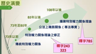 傳統特別權力關係
73年以前
108年以後
73年至85年
85年以後
特別權力關係理論之修正
公法上職務關係（專法專責）
揚棄特別權力關係理論
歷史演變
6
釋字785
釋字243
323
林珊如編製
 