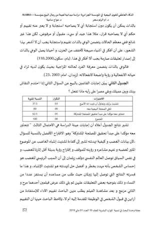 ‫الذكاء‬
‫العاطفي‬
‫ى‬‫للقو‬
‫البيعية‬
‫في‬
‫املؤسسة‬
‫الجزائرية‬
-
‫اسة‬‫ر‬‫د‬
‫ميدانية‬
‫لعينة‬
‫من‬
‫رجال‬
‫البي‬
‫بمؤسسة‬
ALABILI—
‫د‬
.
‫ام‬
‫الرتم‬
‫سحر‬
‫د‬
.
‫عواج‬
‫سامية‬
272 ‫لل‬ ‫ا‬ ‫اللشرية‬ ‫املوارد‬ ‫تنمية‬ ‫في‬ ‫البح‬ ‫وحدو‬ ‫مجلة‬
‫د‬
10
‫العدد‬
01
‫ماي‬
2019
‫ن‬‫دو‬ ‫ن‬‫يكو‬ ‫أن‬ ‫يمؤن‬ ‫بالذات‬
‫استجابة‬
‫يصاحبه‬ ‫ال‬ ‫أي‬
‫استجابة‬
‫أو‬ ‫تقييم‬ ‫عنه‬ ‫يعبر‬ ‫ال‬ ‫و‬
‫غير‬ ‫هذا‬ ‫لؤن‬ ، ‫مرفو‬ ‫أو‬ ‫ل‬‫مقبو‬ ،‫يء‬ ‫أو‬ ‫جيد‬ ‫هذا‬ ‫مثال‬ ،‫ار‬‫ر‬‫ق‬ ‫يصاحبه‬ ‫ال‬ ‫أي‬ ‫حؤم‬
‫هذا‬ ‫أشعر‬ ‫ال‬ ‫أن‬ ‫يجس‬ ‫واستجابة‬ ‫تقييم‬ ‫بالذات‬ ‫الوعي‬ ‫يتضمن‬ ‫الحاالت‬ ‫معظم‬ ‫ففي‬ ‫ع‬ ‫شا‬
‫يصل‬ ‫أحيانا‬ ‫و‬ ،‫ن‬‫الحز‬ ‫من‬ ‫ألخف‬ ‫لة‬ ‫مب‬ ‫أشياء‬ ‫في‬ ‫أفؤر‬ ‫أن‬ ‫على‬ ،‫الشعور‬
‫بالذات‬ ‫الوعي‬
‫هذا‬ ‫في‬‫أفؤر‬ ‫أال‬ ‫يجس‬‫صارمة‬ ‫ععليقات‬ ‫إصدار‬ ‫إلى‬
.
،‫(باق‬
‫ن‬‫سكو‬
2000;
،
110
)
‫في‬ ‫اء‬‫ر‬‫ث‬ ‫لديه‬ ‫ن‬‫يكو‬ ‫بحي‬ ‫اجية‬‫ز‬‫امل‬ ‫لحالته‬ ‫الفرد‬ ‫معرفة‬ ‫يتضمن‬ ‫بالذات‬ ‫فالوعي‬
‫حياته‬
‫االنفعالية‬
‫واضحة‬ ‫رؤية‬ ‫و‬
،‫(زيدان‬ .‫النفعاالته‬
‫اماق‬
2003;
،
23
)
.
‫الثاني‬ ‫ل‬‫الجدو‬
‫مين‬،‫القا‬ ‫إجابات‬ ‫ن‬‫يبي‬ :
‫السسؤال‬ ‫عن‬ ‫بالبيع‬
:‫الثاني‬
‫النقاش‬ ‫احتدق‬ ‫إلا‬
‫؟‬‫تفعل‬ ‫مالا‬‫أيه‬‫ر‬ ‫على‬‫ا‬‫ر‬‫مص‬ ‫وهقي‬ ‫عميلك‬‫وهين‬ ‫بينك‬
‫ات‬‫ر‬‫االختيا‬
‫ار‬‫ر‬‫التك‬
‫املئوية‬ ‫النسبة‬
‫ح‬ ‫األ‬ ‫انه‬ ‫تثلت‬ ‫أن‬ ‫ل‬‫وتحاو‬ ‫أيك‬‫ر‬‫ب‬ ‫تتشل‬
03
37.5
‫معه‬ ‫البيعية‬ ‫الصفقة‬ ‫تلىي‬
00
00
‫ة‬ ‫املشتر‬ ‫املصلحة‬ ‫تحقيق‬ ‫مبدأ‬ ‫على‬ ‫دا‬ ‫مسؤ‬ ‫معه‬ ‫تتحاور‬
05
62.5
‫لموع‬ ‫ا‬
08
100
‫تتحاور‬ ‫الثال‬ ‫االحتمال‬ ‫هي‬ ‫اسة‬‫ر‬‫الد‬ ‫عينة‬ ‫إجابات‬ ‫أن‬ ‫أعاله‬ ‫ل‬‫اللدو‬ ‫د‬،‫نتا‬ ‫عشير‬
‫للسسؤال‬ ‫بالنسبة‬ ‫األفضل‬ ‫اغ‬‫ر‬‫االقت‬ ‫وهو‬ ‫ة‬ ‫املشتر‬ ‫املصلحة‬ ‫تحقيق‬ ‫مبدأ‬ ‫على‬ ‫دا‬ ‫مسؤ‬ ‫معه‬
‫املوضوع‬ ‫عن‬ ‫الغاضس‬ ‫إنتباه‬ ‫عشتيت‬ ‫فاءو‬ ‫إلى‬ ‫عشير‬ ‫ته‬،‫هد‬ ‫يفية‬ ‫و‬ ‫الغضس‬ ‫بيانات‬ ‫ألن‬،
‫امل‬
‫و‬ ،‫للغضس‬ ‫إثارو‬ ‫أقل‬ ‫بديلة‬ ‫رؤية‬ ‫اغ‬‫ر‬‫إقت‬ ‫و‬ ‫للموق‬ ‫رؤيته‬ ‫و‬ ‫مشاعره‬ ‫تفهم‬ ‫و‬ ‫لغضبه‬ ‫ثير‬
‫هو‬ ‫للغضس‬ ‫ي‬ ‫يس‬،‫الر‬ ‫السلس‬ ‫أن‬ ‫إلى‬ ‫زيلمان‬ ‫دول‬ ‫ي‬ ‫النفس‬ ‫العالم‬ ‫توصل‬ ‫السياق‬ ‫نفس‬ ‫في‬
‫ما‬ ‫هذا‬ ‫و‬ ،‫نتباه‬ ‫ا‬ ‫عشتيت‬ ‫هو‬ ‫ته‬،‫لتهد‬ ‫حل‬ ‫أفضل‬ ‫و‬ ‫بخطر‬ ‫مهدد‬ ‫بأنه‬ ‫الشخص‬ ‫إحسال‬
‫إليها‬ ‫توصل‬ ‫التي‬ ‫د‬،‫النتا‬ ‫فسرته‬
‫من‬ ‫عددا‬ ‫يستفز‬ ‫أن‬ ‫مساعده‬ ‫من‬ ‫لس‬ ‫حي‬ ‫زوملان‬
‫و‬ ‫مرغ‬ ‫أحدهما‬ ‫فيلمين‬ ‫عر‬ ‫للك‬ ‫يلي‬ ‫ثم‬ ‫عليهن‬ ‫التعليقات‬ ‫بعخ‬ ‫بتوجيه‬ ‫للك‬ ‫و‬ ‫النساء‬
‫من‬ ‫ستفادو‬ ‫ل‬ ‫اآلداء‬ ‫تقييم‬ ‫الباح‬ ‫هن‬ ‫م‬ ‫يطلس‬ ‫الفيلم‬ ‫مشاهدو‬ ‫بعد‬ ‫و‬ ‫ا‬ ‫مز‬ ‫الثاني‬
‫الباح‬ ‫والح‬ ،‫ال‬ ‫أق‬ ‫إليه‬ ‫املقدمة‬ ‫الوظيفة‬ ‫في‬ ‫الشخص‬ ‫ل‬‫قبو‬ ‫في‬ ‫ائهن‬‫ر‬‫ف‬
‫التقييم‬ ‫أن‬ ‫ها‬ ‫حي‬
 