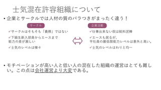 士気混在許容組織について
• 企業とサークルでは人材の質のバラつきがまったく違う！
• モチベーションが高い人と低い人の混在した組織の運営はとても難し
い。この点は会社運営より大変である。
サークル 企業活動
✓仕事出来ない奴は給料泥棒
✓エースも居るが、
平社員の最低限能力レベルは意外と高い。
✓士気のレベルはわりと均一
✓サークルはそもそも「義務」ではない
✓下級生新入部員からエースまで
能力の差が激しい
✓士気のレベルは様々
 