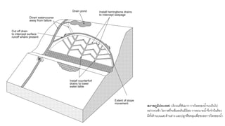 สภาพภูมิประเทศ: บริเวณที)ชันมาก การไหลของนํ8าจะเป็นไป
อย่างรวดร็ว โอกาสที)จะซึมลงดินมีน้อย การระบายนํ8าจึงจําป็นต้อง
มีทั8งด้านบนและด้านล่าง และปลูกพืชคลุมเพื)อชะลอการไหลของนํ8า
 