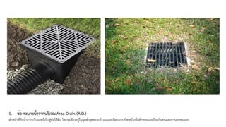 1. ช่องระบายน้ำจากบริเวณ:Area Drain (A.D.)
ทำหน้าที่รับน้ำจากบริเวณหนึ่งไปสู่ท่อใต้ดิน โดยจะต้องอยู่ในจุดต่ำสุดของบริเวณ และมีตะแกรงปิดหน้าเพื่อดักขยะและป้องกันคนและยานพาหนะตก
 