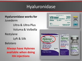 Hyaluronidase
Hyaluronidase works for
Juvederm
Ultra & Ultra Plus
Voluma & Volbella
Restylane
Lyft & Silk
Belotero
Always have Hylenex
available when doing
HA injections
 