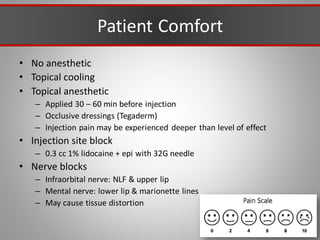 Patient Comfort
• No anesthetic
• Topical cooling
• Topical anesthetic
– Applied 30 – 60 min before injection
– Occlusive dressings (Tegaderm)
– Injection pain may be experienced deeper than level of effect
• Injection site block
– 0.3 cc 1% lidocaine + epi with 32G needle
• Nerve blocks
– Infraorbital nerve: NLF & upper lip
– Mental nerve: lower lip & marionette lines
– May cause tissue distortion
 