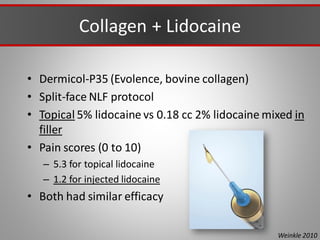 Collagen + Lidocaine
• Dermicol-P35 (Evolence, bovine collagen)
• Split-face NLF protocol
• Topical 5% lidocaine vs 0.18 cc 2% lidocaine mixed in
filler
• Pain scores (0 to 10)
– 5.3 for topical lidocaine
– 1.2 for injected lidocaine
• Both had similar efficacy
Weinkle 2010
 
