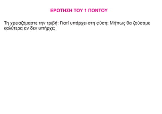 ΕΡΩΤΗΣΗ ΤΟΥ 1 ΠΟΝΤΟΥ
Τη χρειαζόμαστε την τριβή; Γιατί υπάρχει στη φύση; Μήπως θα ζούσαμε
καλύτερα αν δεν υπήρχε;
 