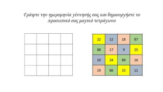 Γράψτε την ημερομηνία γέννησής σας και δημιουργήστε το
προσωπικό σας μαγικό τετράγωνο
 
