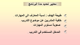 ‫الهدف‬ ‫طبيعة‬
:
‫المهارات‬ ‫الى‬ ‫المعارف‬ ‫نسبة‬
.
‫التدريب‬ ‫موضوع‬ ‫عن‬ ‫المتدربين‬ ‫خلفية‬
.
‫المهارات‬ ‫مستوى‬ ‫صعوبة‬
.
‫التدريب‬ ‫في‬ ‫المستخدم‬ ‫المدخل‬
.
‫البرنامج‬ ‫مدة‬ ‫تحديد‬ ‫معايير‬
 