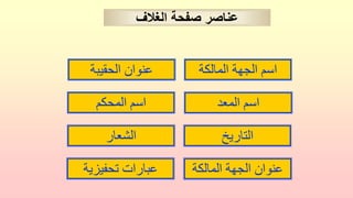 ‫الحقيبة‬ ‫عنوان‬
‫المعد‬ ‫اسم‬
‫المحكم‬ ‫اسم‬
‫المالكة‬ ‫الجهة‬ ‫اسم‬
‫الشعار‬
‫المالكة‬ ‫الجهة‬ ‫عنوان‬
‫تحفيزية‬ ‫عبارات‬
‫التاريخ‬
‫الغالف‬ ‫صفحة‬ ‫عناصر‬
 
