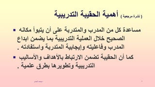 ‫الهندي‬ ‫يوسف‬‫د‬ 7
(
‫مرجعية‬ ‫نشرة‬
)
‫التدريبية‬ ‫الحقيبة‬ ‫أهمية‬
 ‫مكانه‬ ‫يتبوأ‬ ‫أن‬ ‫على‬ ‫والمتدربة‬ ‫المدرب‬ ‫من‬ ‫كل‬ ‫مساعدة‬
‫ابداع‬ ‫يضمن‬ ‫بما‬ ‫التدريبية‬ ‫العملية‬ ‫خالل‬ ‫الصحيح‬
‫واستفادته‬ ‫المتدربة‬ ‫وإيجابية‬ ‫وفاعليته‬ ‫المدرب‬
.
 ‫واألساليب‬ ‫باألهداف‬ ‫االرتباط‬ ‫تضمن‬ ‫الحقيبة‬ ‫أن‬ ‫كما‬
‫علمية‬ ‫بطرق‬ ‫وتطويرها‬ ‫التدريبية‬
.
 