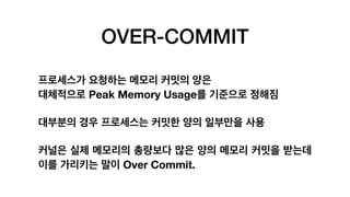 OVER-COMMIT
프로세스가 요청하는 메모리 커밋의 양은
대체적으로 Peak Memory Usage를 기준으로 정해짐
대부분의 경우 프로세스는 커밋한 양의 일부만을 사용
커널은 실제 메모리의 총량보다 많은 양의 메모리 커밋을 받는데
이를 가리키는 말이 Over Commit.
 