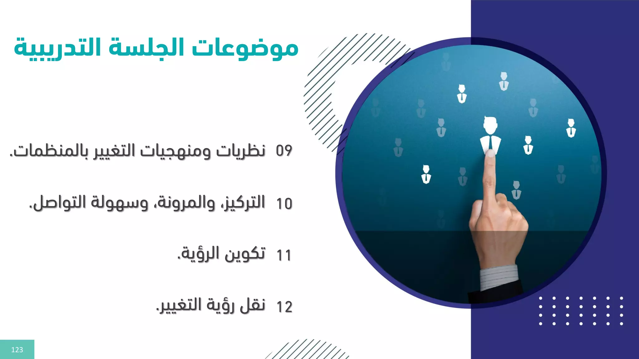 123
‫التدريب‬ ‫الجلسة‬ ‫موضوعات‬
‫ية‬
09
‫بالمنكمات‬ ‫التغيير‬ ‫ومنهجيات‬ ‫نكريات‬
.
10
‫التواصل‬ ‫وسهولة‬ ،‫والمرونة‬ ،‫التركيز‬
.
11
‫الرؤية‬ ‫تكوين‬
.
12
‫التغيير‬ ‫رؤية‬ ‫نقل‬
.
 